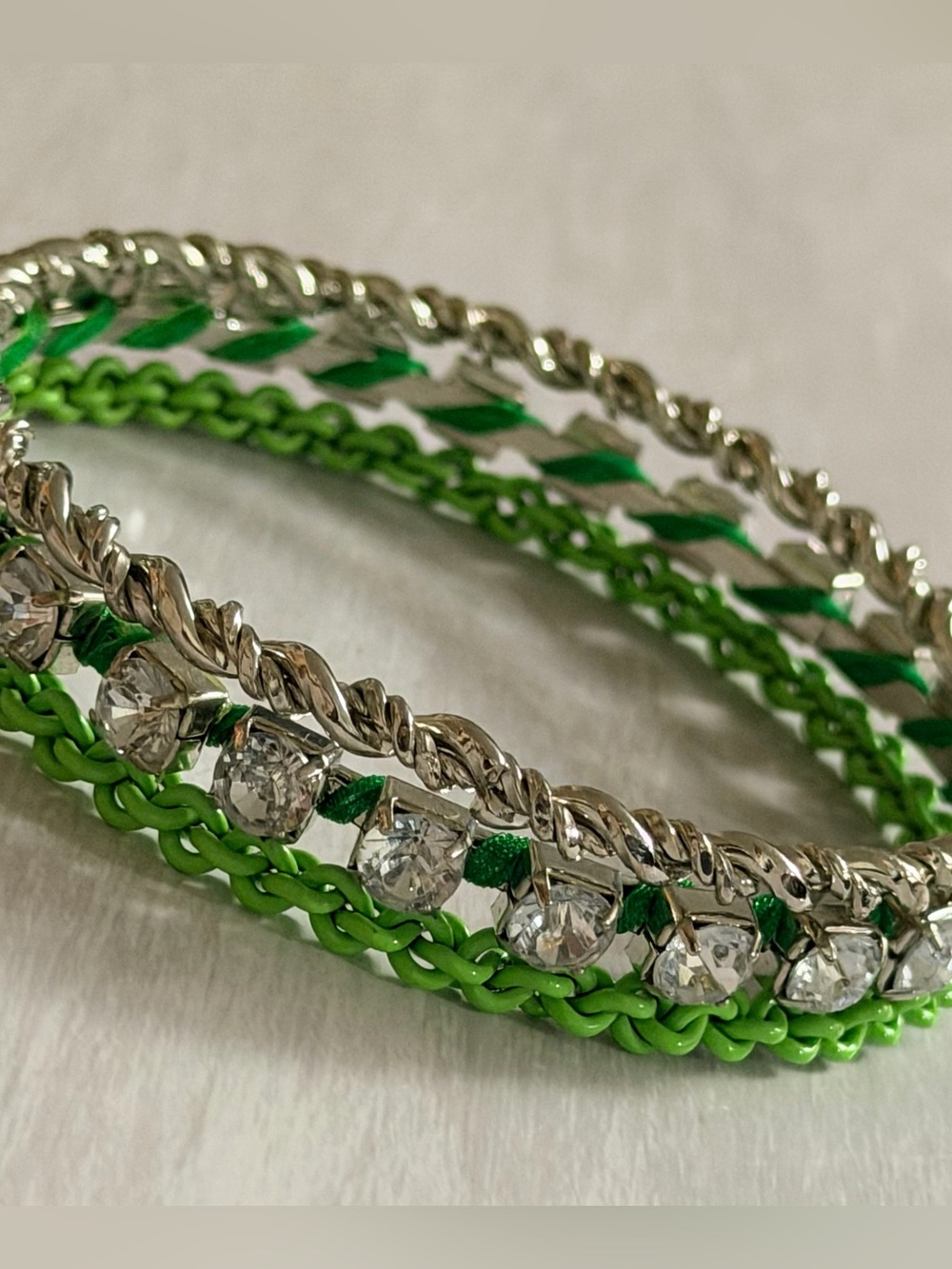 Stacked 3 Silver Green Satin Wrapped Rhinestone Women's Bangle Bracelets
